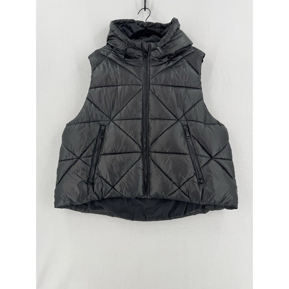 Love & Sports Hooded Puffer Vest XXL Black Zip Up Layering Athleisure Cozy Chic